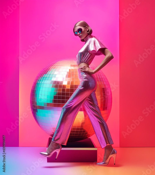 Obraz Music party girl on crazy summer party, abstract concept, playing dance music. A futuristic party confetti, balloons, disco balls. Fun youthful atmosphere in the club. Illustration, Generative AI.