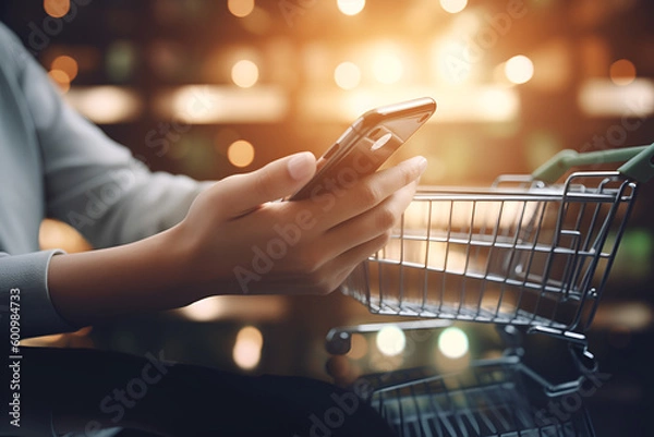 Obraz Hand of young business using smart phone with shopping cart icon, Online shopping and e-commerce concept,