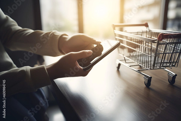 Obraz Hand of young business using smart phone with shopping cart icon, Online shopping and e-commerce concept,