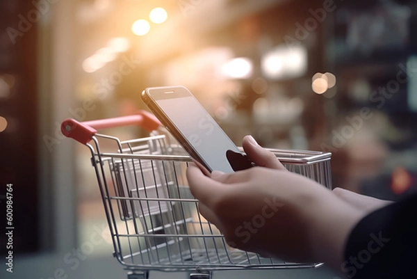 Obraz Hand of young business using smart phone with shopping cart icon, Online shopping and e-commerce concept,