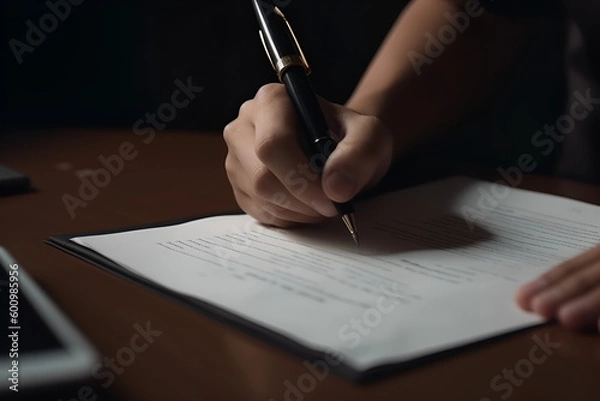 Obraz Hand of young man holding a pen pointing to document and mark correct sign for standard quality control certification assurance concept.
