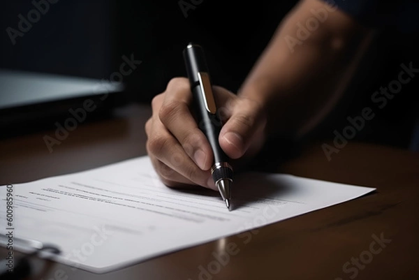 Obraz Hand of young man holding a pen pointing to document and mark correct sign for standard quality control certification assurance concept.
