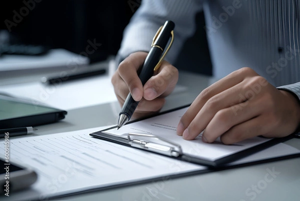 Obraz Hand of young man holding a pen pointing to document and mark correct sign for standard quality control certification assurance concept.