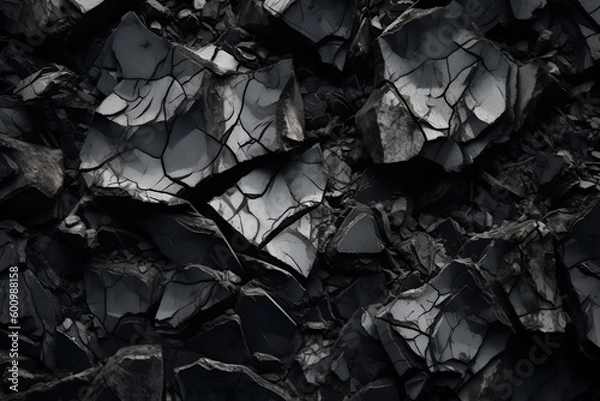 Obraz Cracked rock texture. Black white stone background. Grunge. Dark gray rough surface. Close-up. Broken, damaged, collapsed.