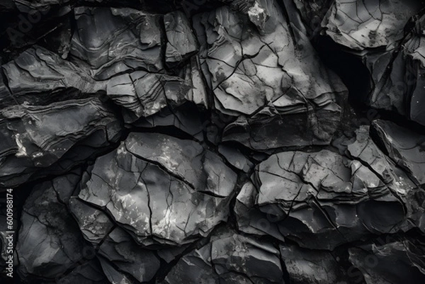 Obraz Cracked rock texture. Black white stone background. Grunge. Dark gray rough surface. Close-up. Broken, damaged, collapsed.