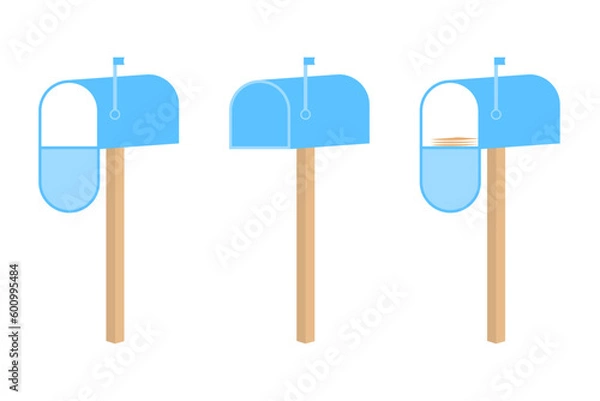 Obraz Set of mailboxes: empty, closed, with post. Flat blue postal service items. Cartoon vector illustration postal service item