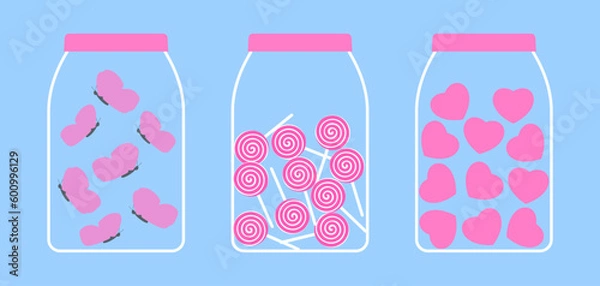 Obraz Set of jars with butterflies, lollipops and hearts. Awesome cute vector illustration. Cool flat clip art. Icons for greeting cards, stickers