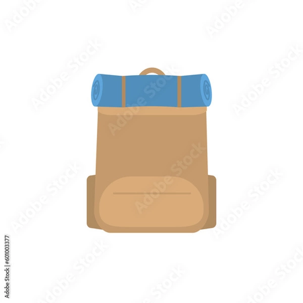 Obraz Backpack with sleeping bag isolated on white background. Rucksack with sleeping mat for camping. Flat knapsack for tourism. Cartoon vector illustration of haversack for travelling