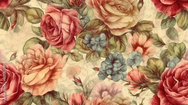Fototapeta Vintage floral pattern background in muted colours. Generative ai composite.