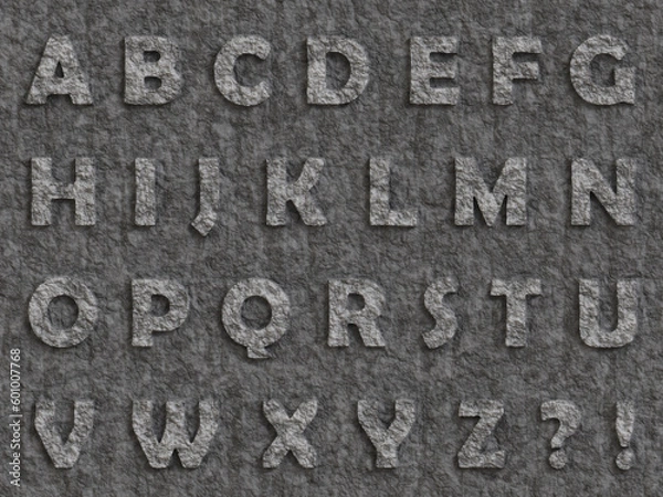 Fototapeta carved stone full alphabet, letters in stone,  characters, question mark 3D render