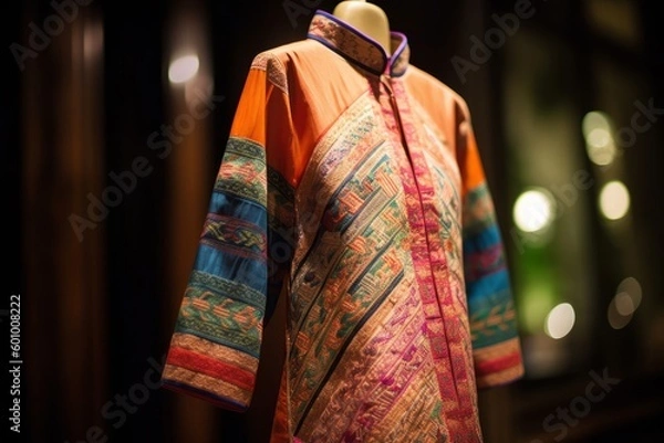 Fototapeta A colorful silkao dai, the traditional Vietnamese tunic dress worn by women. Focus on the elegant garments that are carefully crafted and passed down through generations. Generative Ai