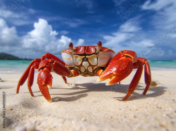 Fototapeta The big red crab sitting on the sand on the ocean shore