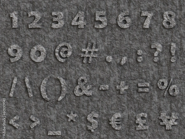 Fototapeta carved stone numbers and symbols, chiseled in rock, characters, digit numbers 3D render