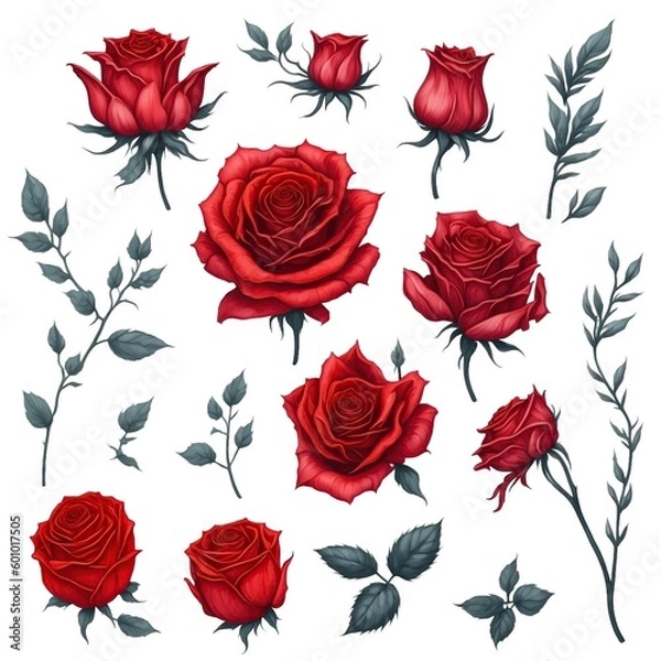 Obraz An illustration clip art of a watercolor rose with assorted designs