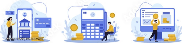 Fototapeta Set of online banking financial services, clients doing payments