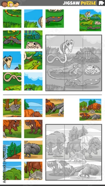 Fototapeta jigsaw puzzle game set with cartoon animal characters