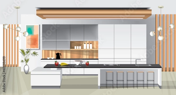 Obraz modern minimalistic kitchen interior, spacious light grey and wooden kitchen with simple lamps, picture on the wall, red apples and bananas on the table.