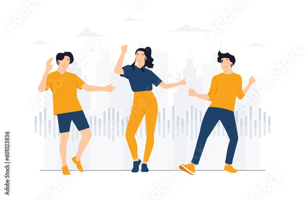 Obraz Happy people dance to music while listening to it with headphones and earphones. Set of diverse modern man and woman dancing from joy and fun concept illustration