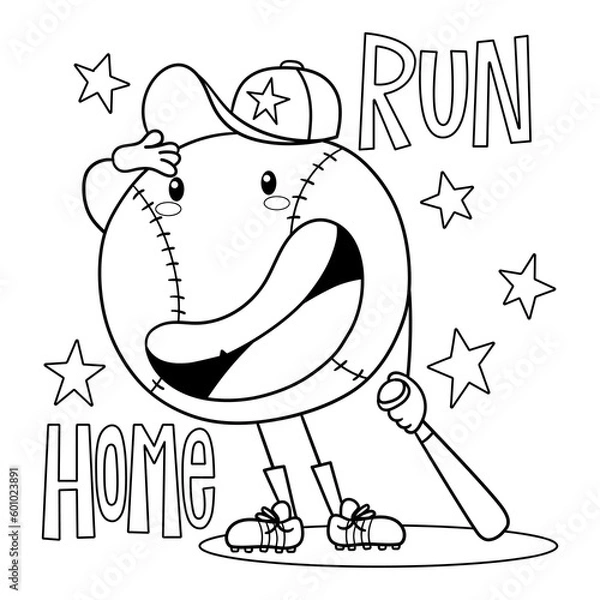 Fototapeta Illustration in black and white of a baseball smiling after throwing a home run ball, retro drawing, coloring page
