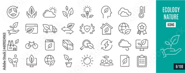 Obraz Best collection ecology and nature line icons. Energy, Electric, Climate Change, ... 8/100