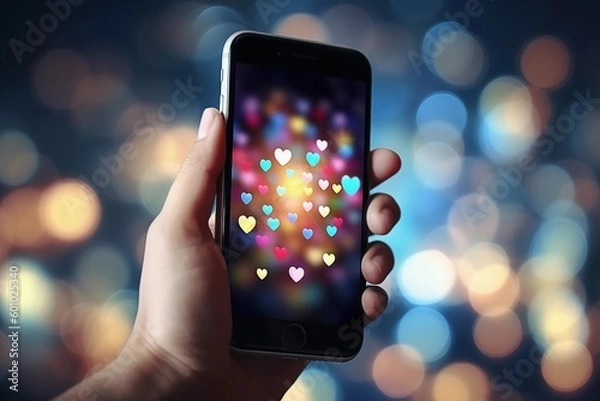 Fototapeta Person holding smartphone displaying heart emojis
