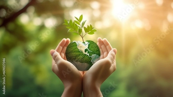Fototapeta A picture is depicted showing two human hands holding a globe and a large tree against a blue sky background. Generative AI