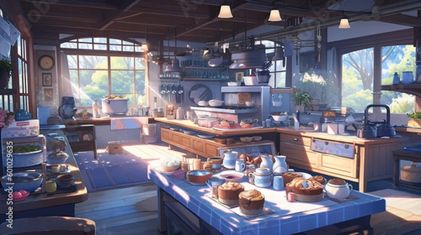 Fototapeta Anime background of cafe in the city, generative AI