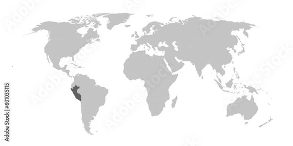 Fototapeta Map of the world with the country of Peru highlighted in grey.