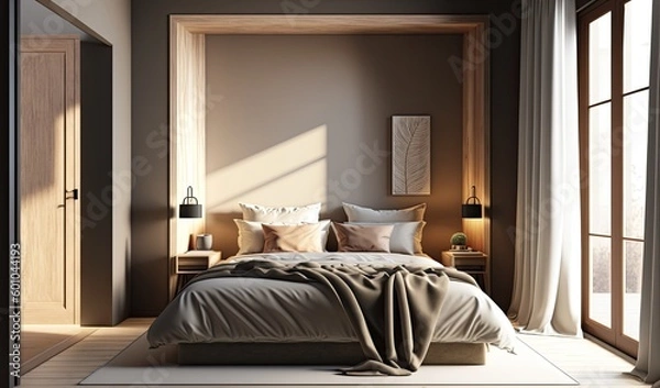 Fototapeta Modern beige bedroom with walk in closet, wooden bed, gray blanket, generative AI