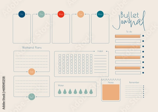 Obraz Bullet journal planner template, vector illustration