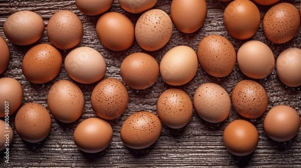 Obraz Chicken eggs seamless background. Top view, AI generated