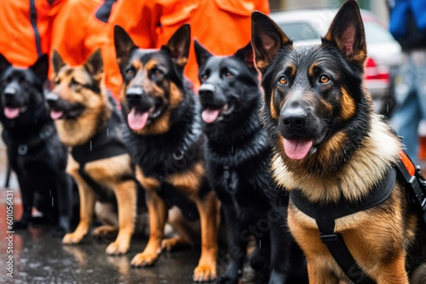 Obraz Formation of police dogs, trained for rescue missions and drug detection, generative ai