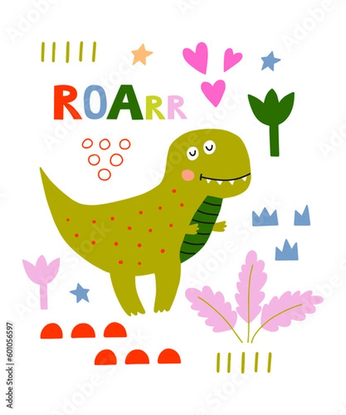 Fototapeta Dino cute vector kids composition. Dinosaur scandinavian illustration. For children party.