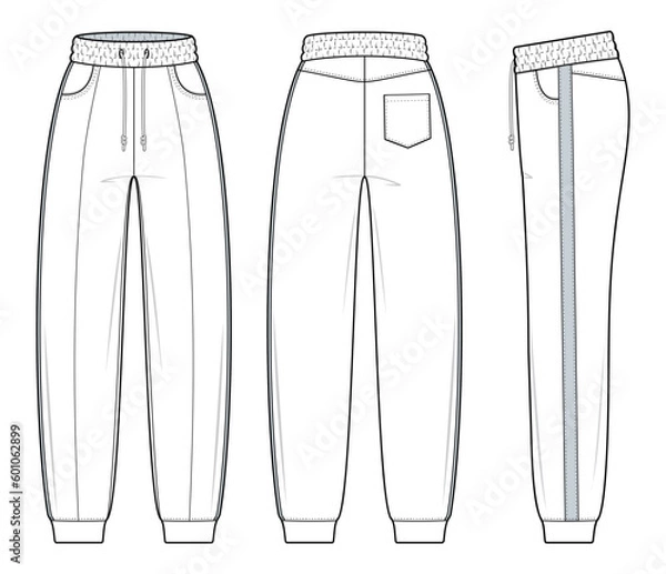 Fototapeta Unisex Jogger Pants fashion flat technical drawing template. Sweat Pants technical fashion Illustration. front, side, and back view. isolated in white background. CAD mockup set.
