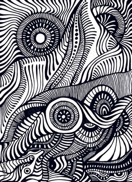 Fototapeta Abstract black and white pattern isolated on white. Coloring page monochrome doodle style background.