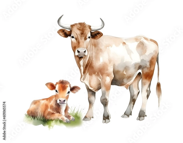 Fototapeta Brown cow with a small calf. set of breeds of cattle. farm animal hand draw watercolor illustration