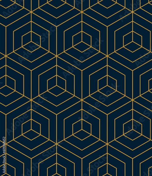 Obraz Abstract geometric pattern background with hexagonal and triangular texture. Blue and gold seamless grid lines. Simple minimalistic pattern