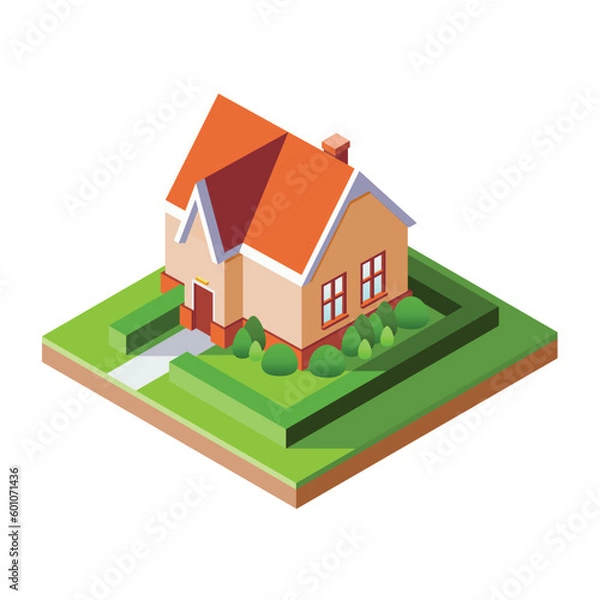 Fototapeta A Isometric house with a red roof on lush green field, flat vector illustration, geocities, my home.