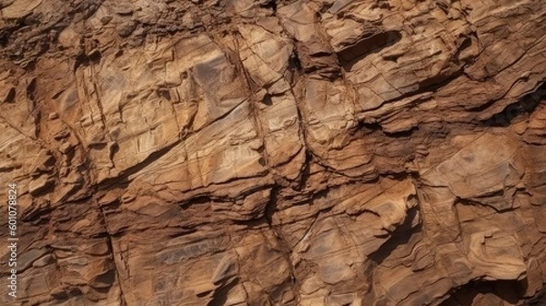 Obraz Brown rock texture with cracks. Rough mountain surface. Close-up. Stone background for design. Generative AI.