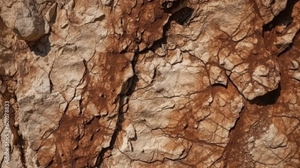 Fototapeta Brown rock texture with cracks. Rough mountain surface. Close-up. Stone background for design. Generative AI.