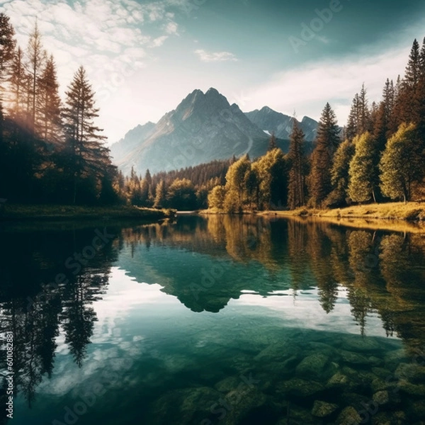 Obraz Lake with mountains and trees. AI generative