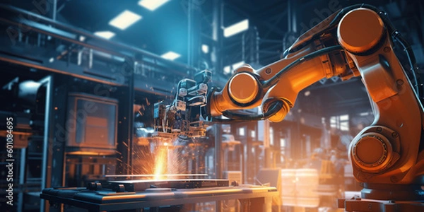 Fototapeta Robotic welding arm, technology, smart factory, modern manufacturing generative ai