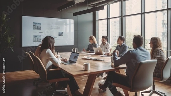 Fototapeta Architects video conferencing in office meeting