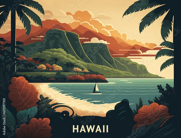 Fototapeta Tropical hawaiian landscape with ocean beach and mountains. Concept for National Hawaii Day or Statehood Day. Generative AI