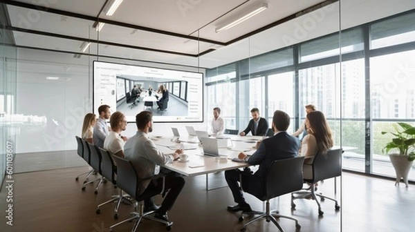 Fototapeta Architects video conferencing in an office meeting