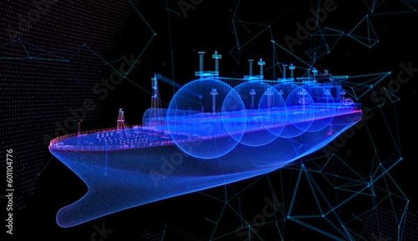 Obraz Gas carrier LNG. Blue particle and lines form 3d model Gas tanker