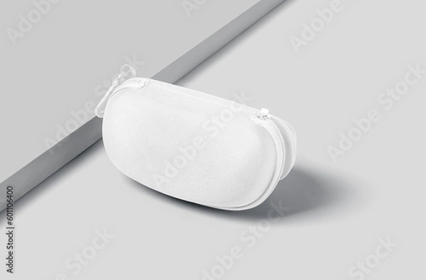 Fototapeta Blank white closed glasses case mockup, gray background, 3d rendering. Empty leather optical protector mock up, Clear accessory ocular cover or boxed for protection mokcup template. zipper. 