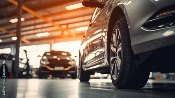 Fototapeta Car in automobile repair service center with soft focus