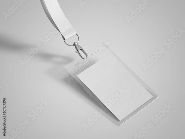 Fototapeta Blank bagde mockup isolated on white. Plain empty name tag mock up hanging on neck with string. Nametag with blue ribbon and transparent plastic paper holder. 3D illustration, 3D rendering.