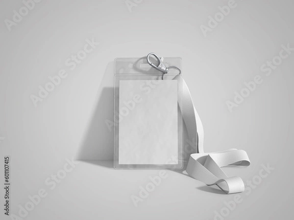 Fototapeta Blank bagde mockup isolated on white. Plain empty name tag mock up hanging on neck with string. Nametag with blue ribbon and transparent plastic paper holder. 3D illustration, 3D rendering.
